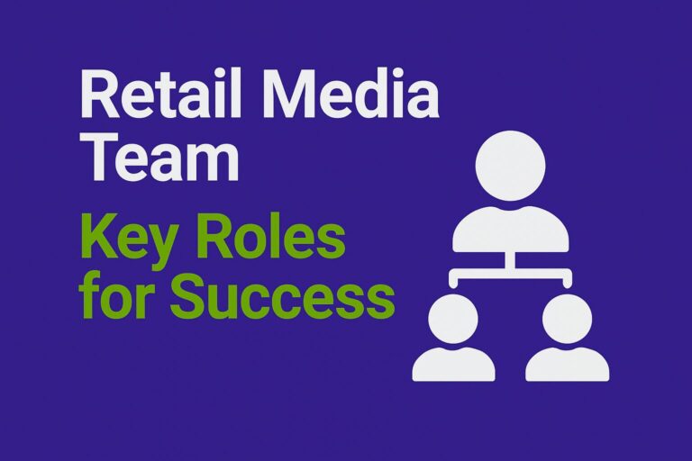 Infographic with a purple background featuring the title "Retail Media Team" in white and "Key Roles for Success" in green. On the right, a simple icon illustrates a hierarchical team structure with three connected figures.