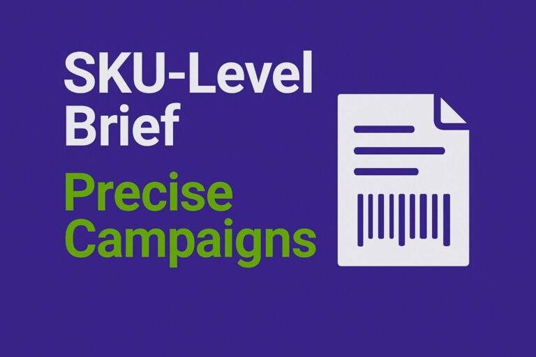 Infographic with a purple background showing the title “SKU-Level Brief” in white and the subtitle “Precise Campaigns” in green. On the right, a white document icon displays horizontal lines and a barcode, symbolizing detailed product-level planning in retail media campaigns.