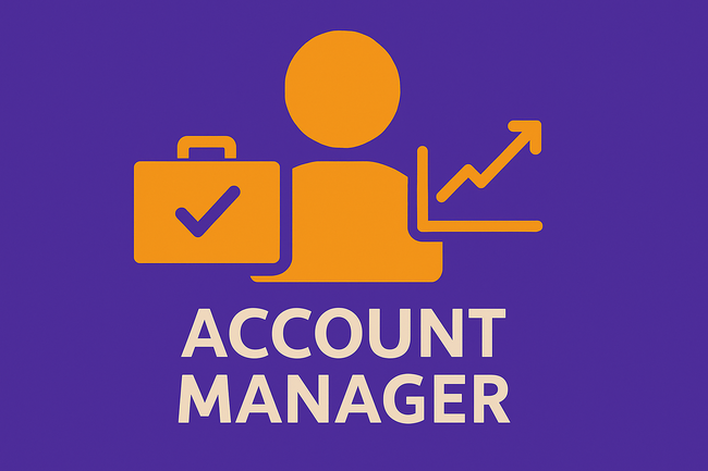 Flat-style illustration of a person with a briefcase and growth chart icon, on a purple background, with “ACCOUNT MANAGER” text below.

