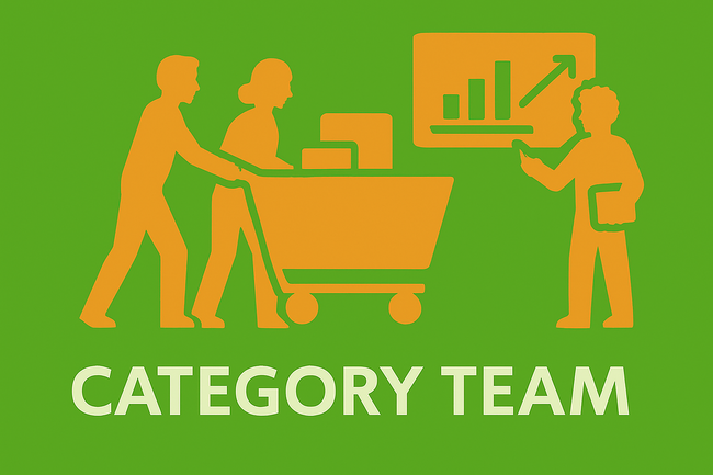 Flat digital illustration of a team organizing boxes and charts, representing a category team, on a green background with the text “CATEGORY TEAM” below.