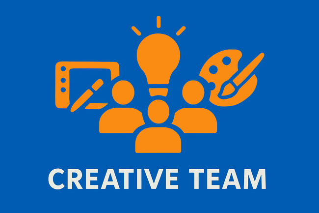 Flat-style illustration showing a group of people around a lightbulb and creative tools, on a blue background with the text “CREATIVE TEAM” below.