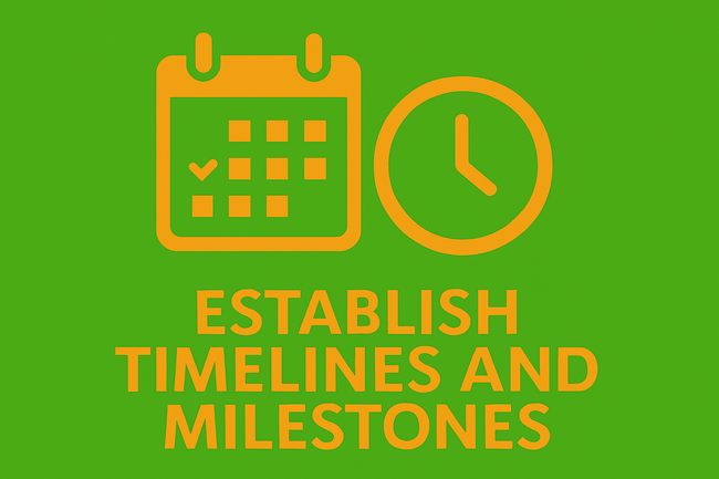 Flat digital illustration of a calendar with marked milestones and a clock icon, on a green background with the text "ESTABLISH TIMELINES AND MILESTONES" below.