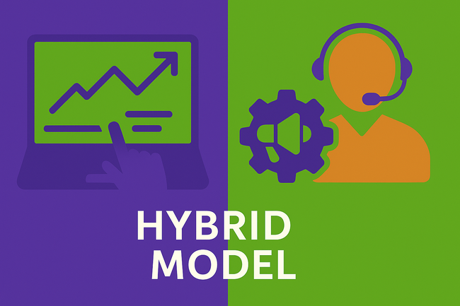 Flat digital illustration with two halves: one showing self-service tools and the other support assistance, symbolizing a hybrid model, on a green background with “HYBRID MODEL” underneath.