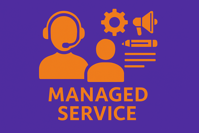 Flat-style image showing a support agent with headset and tools, helping a user with marketing tasks, on a purple background with the text “MANAGED SERVICE”.