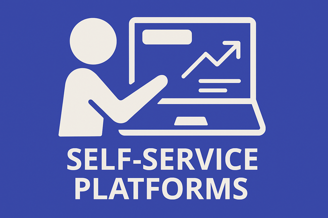 Flat digital illustration of a user interacting with a dashboard interface on a laptop, representing autonomy and control, with “SELF-SERVICE PLATFORMS” below on a blue background.
