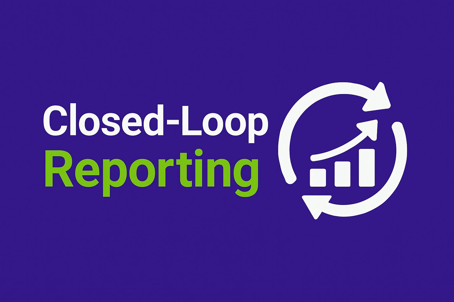 Infographic with a purple background featuring the title “Closed-Loop Reporting” in bold white and green. On the right, a circular arrow or analytics icon represents the continuous cycle of data feedback and performance measurement in retail media strategies.
