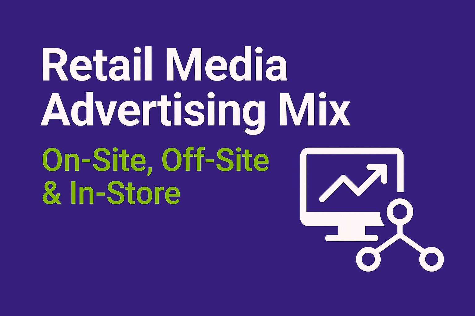 Infographic with a purple background featuring the title “Retail Media Advertising Mix” in white and the subtitle “On-Site, Off-Site & In-Store” in green. On the right, a white icon shows a computer monitor with an upward arrow and a connected network diagram, symbolizing multichannel retail media strategies.