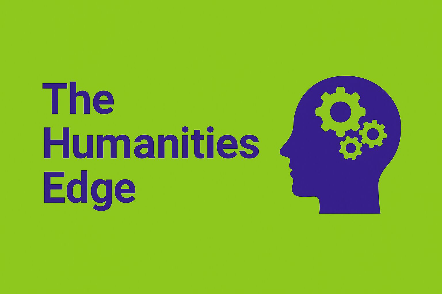 Flat-style icon of a human head with an open book inside, next to the bold text ‘The Humanities Edge’ in dark purple on a green background.