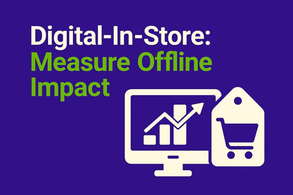 Infographic with a deep purple background featuring the text “Digital-In-Store” in white and “Measure Offline Impact” in green. On the right, an icon shows a digital display beside a shopping cart or a retail shelf, representing the integration of in-store technology and measurable results.