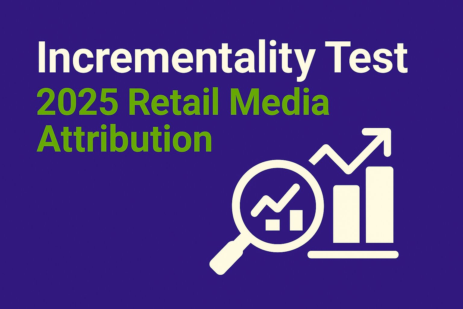 Infographic with a deep purple background featuring the text “Incrementality Test” in white and “2025 Retail Media Attribution” in green. On the right, an icon shows a graph with a magnifying glass or comparison bars, representing the evaluation of media effectiveness through incrementality.