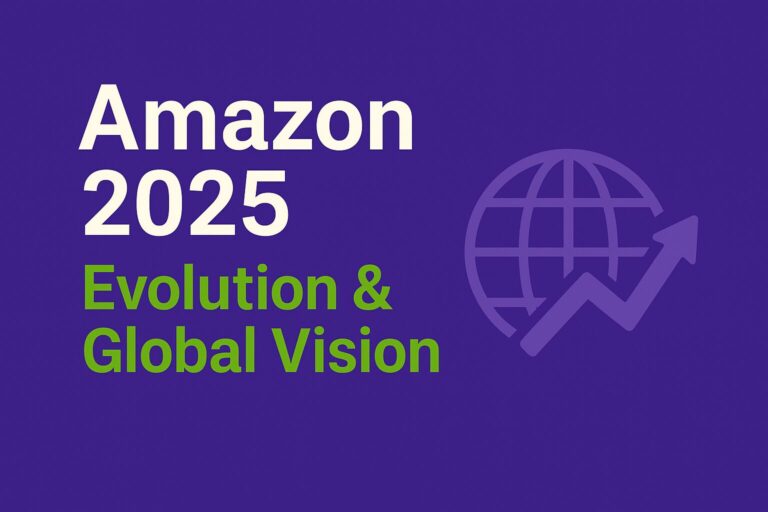 Infographic with a deep purple background featuring the text “Amazon 2025” in white and “Evolution & Global Vision” in green. On the right, a world globe icon with dynamic arrows suggests international growth and strategic expansion of Amazon’s marketplace model.