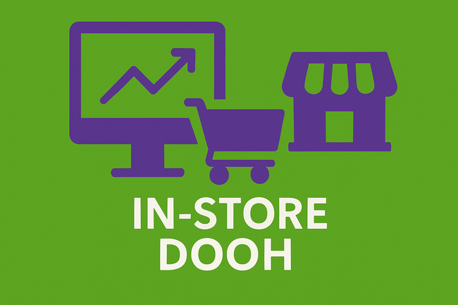 Flat digital illustration of a retail store interior with digital signage or screens showing ads, on a green background with the text “IN-STORE DOOH” below.