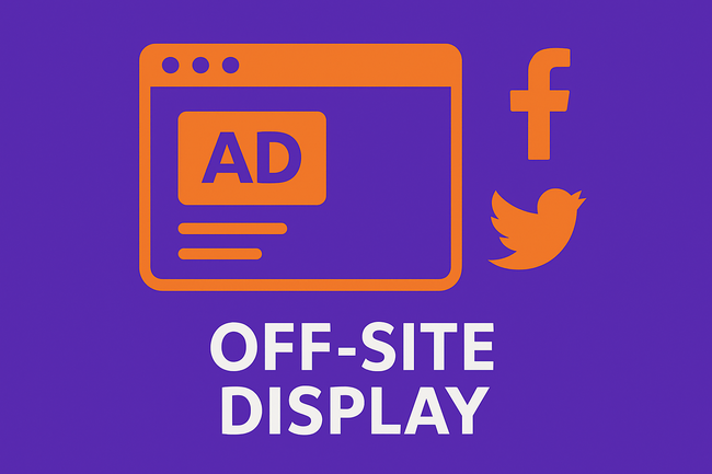 Flat-style illustration showing web ads appearing on external websites or social platforms, with a purple background and the text “OFF-SITE DISPLAY” underneath.