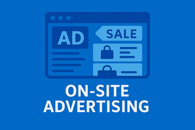 Flat-style digital illustration of a website with promotional banners and product ads, on a blue background with the text “ON-SITE ADVERTISING” below.