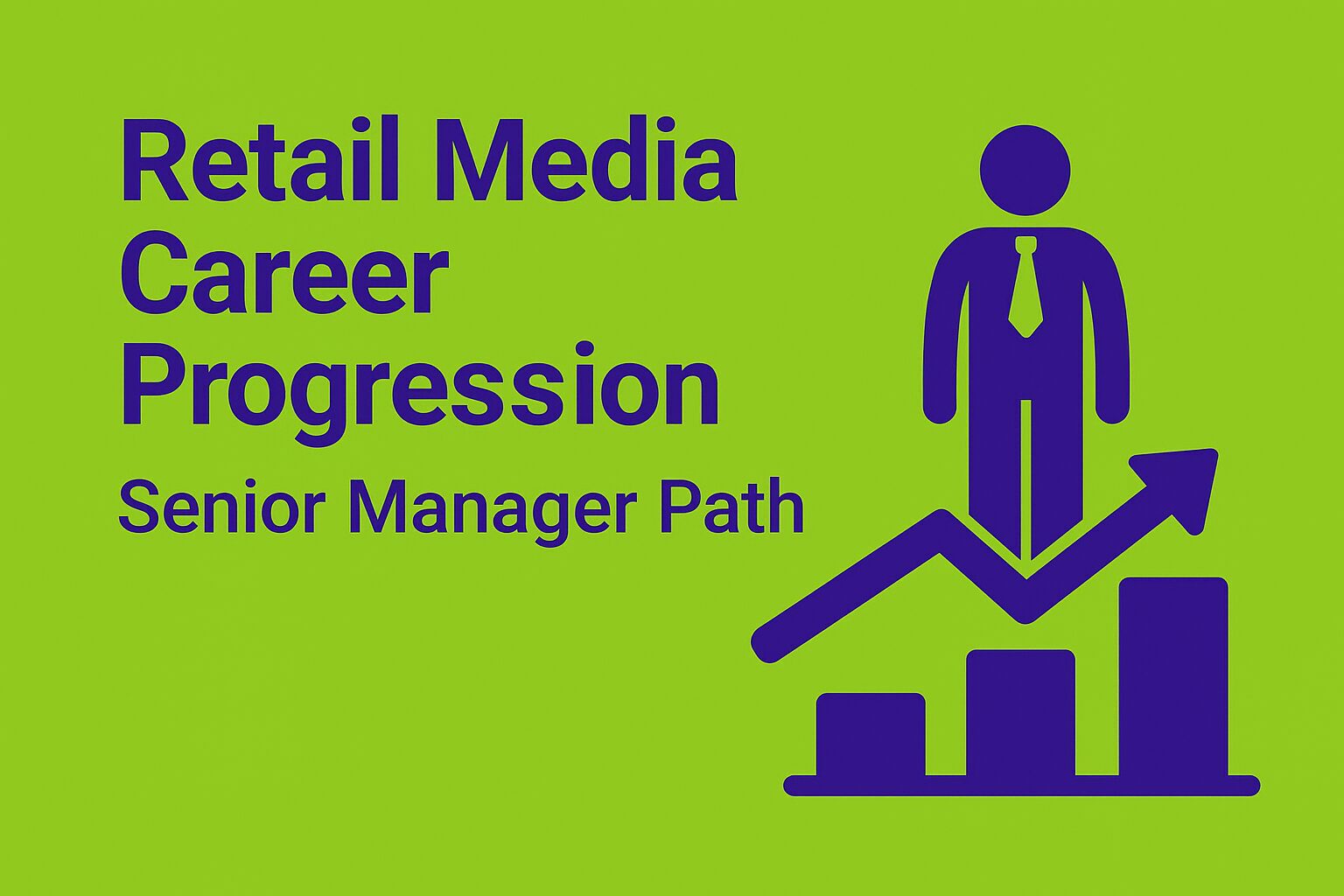 Digital illustration with green background and purple elements, depicting the concept of career progression in retail media, highlighting the path to becoming a senior manager.