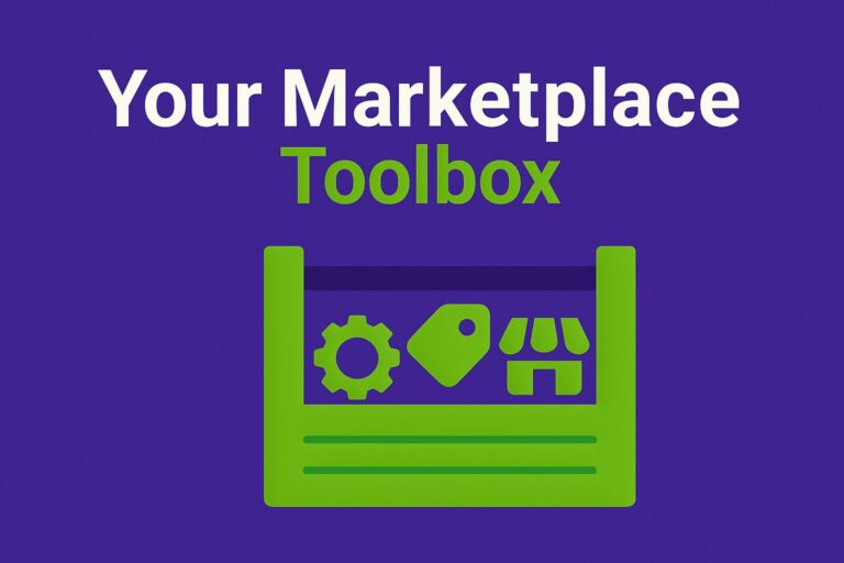 A flat digital graphic with a bold purple background and green accents featuring an illustrated toolbox filled with marketplace-related icons, representing tools and strategies for selling on marketplaces.