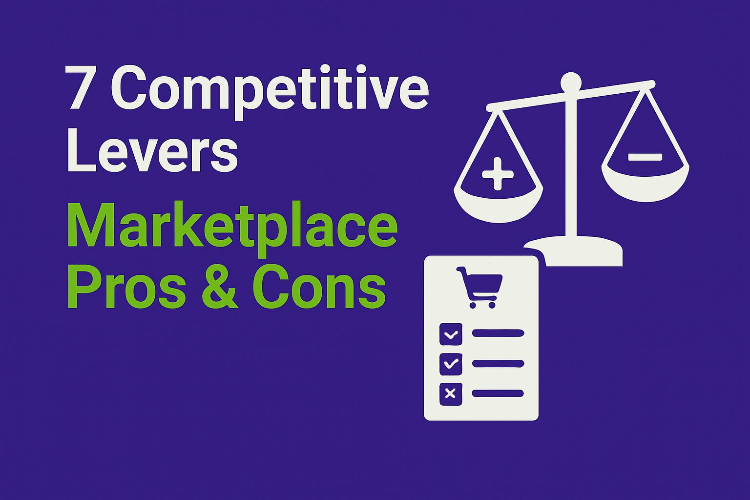 Infographic with a deep purple background displaying the title “7 Competitive Levers” in white and “Marketplace Pros & Cons” in green. On the right, an icon of a balanced scale or checklist reflects the evaluation of strengths and weaknesses across marketplace platforms.