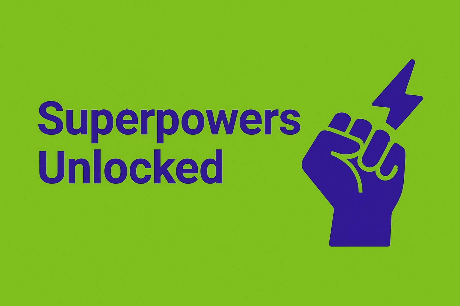 A 2D digital graphic with a green background (#7BB52B) and bold purple text (#320D72) that reads "Superpowers Unlocked", featuring a lightning bolt icon symbolizing personal strengths and capabilities in retail media.