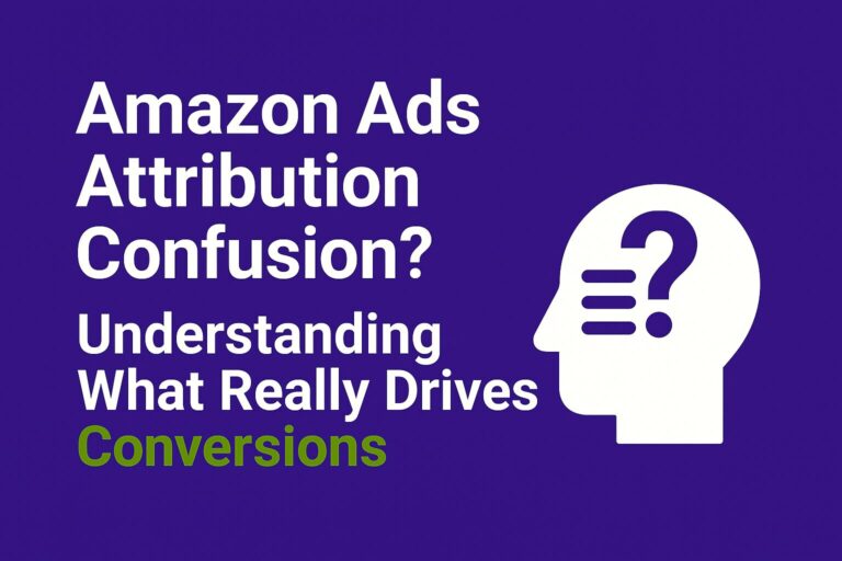 A flat digital graphic with a solid purple (#320D72) background. On the left, bold white and green text reads “Amazon Ads Attribution Confusion? Understanding What Really Drives Conversions.” On the right, a white icon represents an attribution path with connected nodes, symbolizing how conversions are influenced by multiple touchpoints. The layout follows a clean, modern retail-media visual identity.
