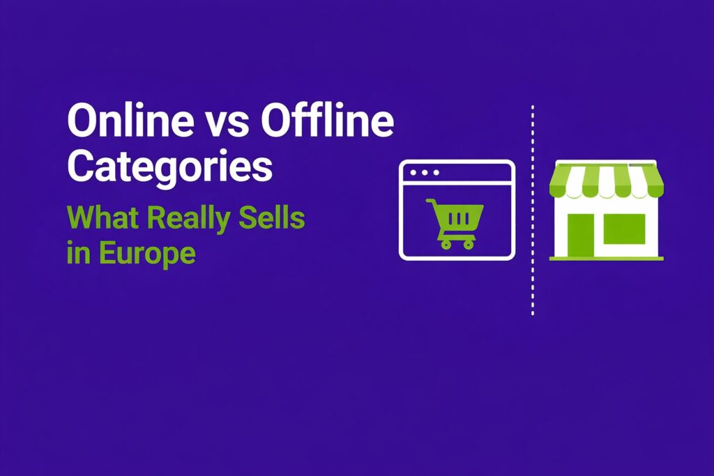 Visual graphic comparing online and offline product categories in Europe, highlighting where different products perform better across e-commerce and physical retail channels.