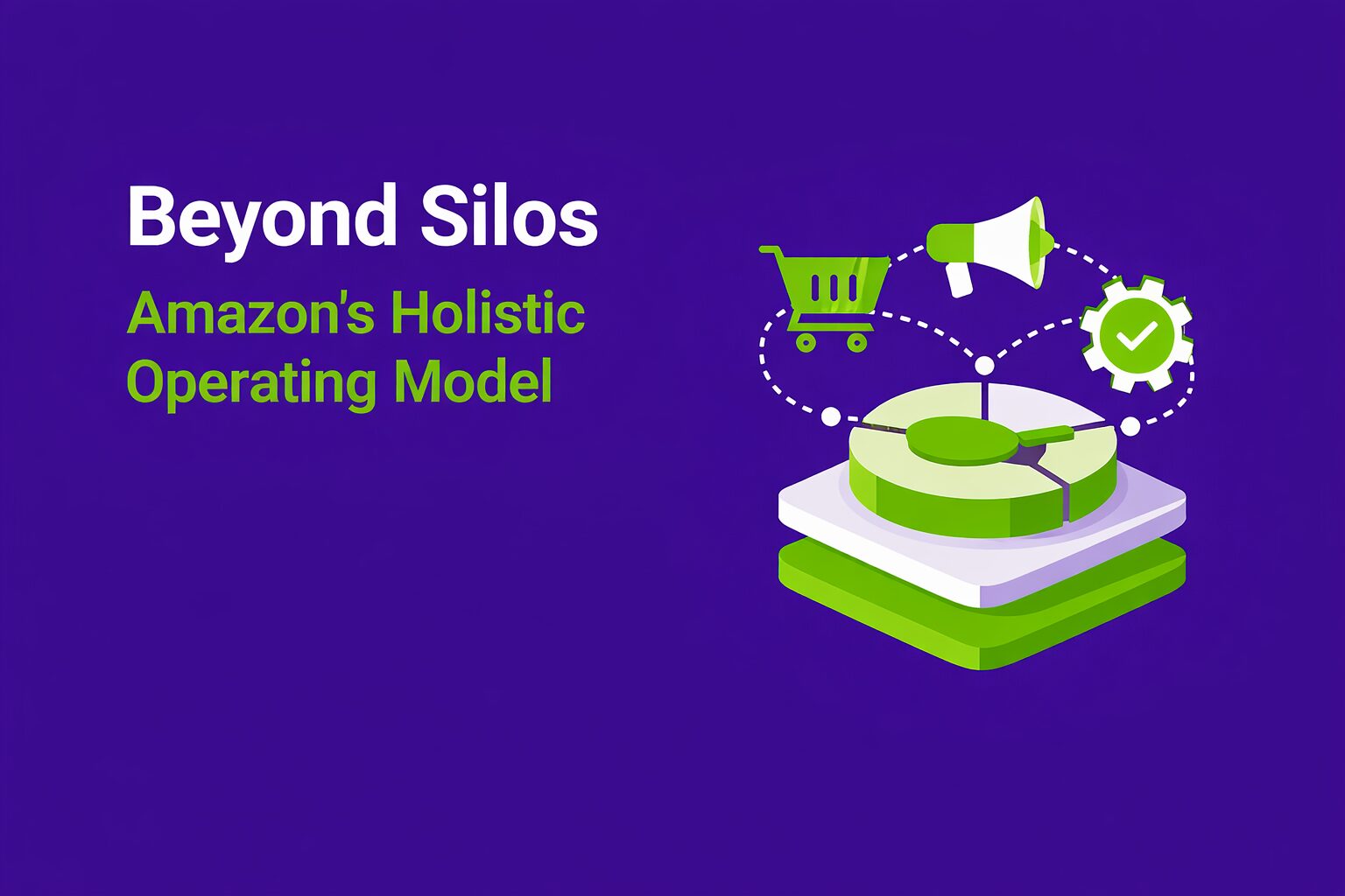 Illustration highlighting a holistic Amazon operating model, with integrated retail, media, and operational elements connected into a single system, representing the concept of moving beyond silos in Amazon strategy.