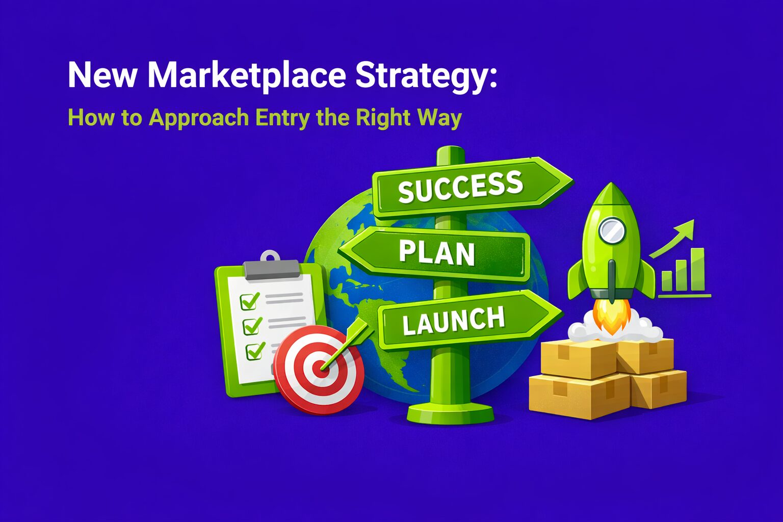 Purple hero graphic with the headline “New Marketplace Strategy” and green subtitle “How to Approach Entry the Right Way,” featuring a green signpost with “Success,” “Plan,” and “Launch,” plus a checklist, target, rocket, and boxes to represent marketplace entry planning.