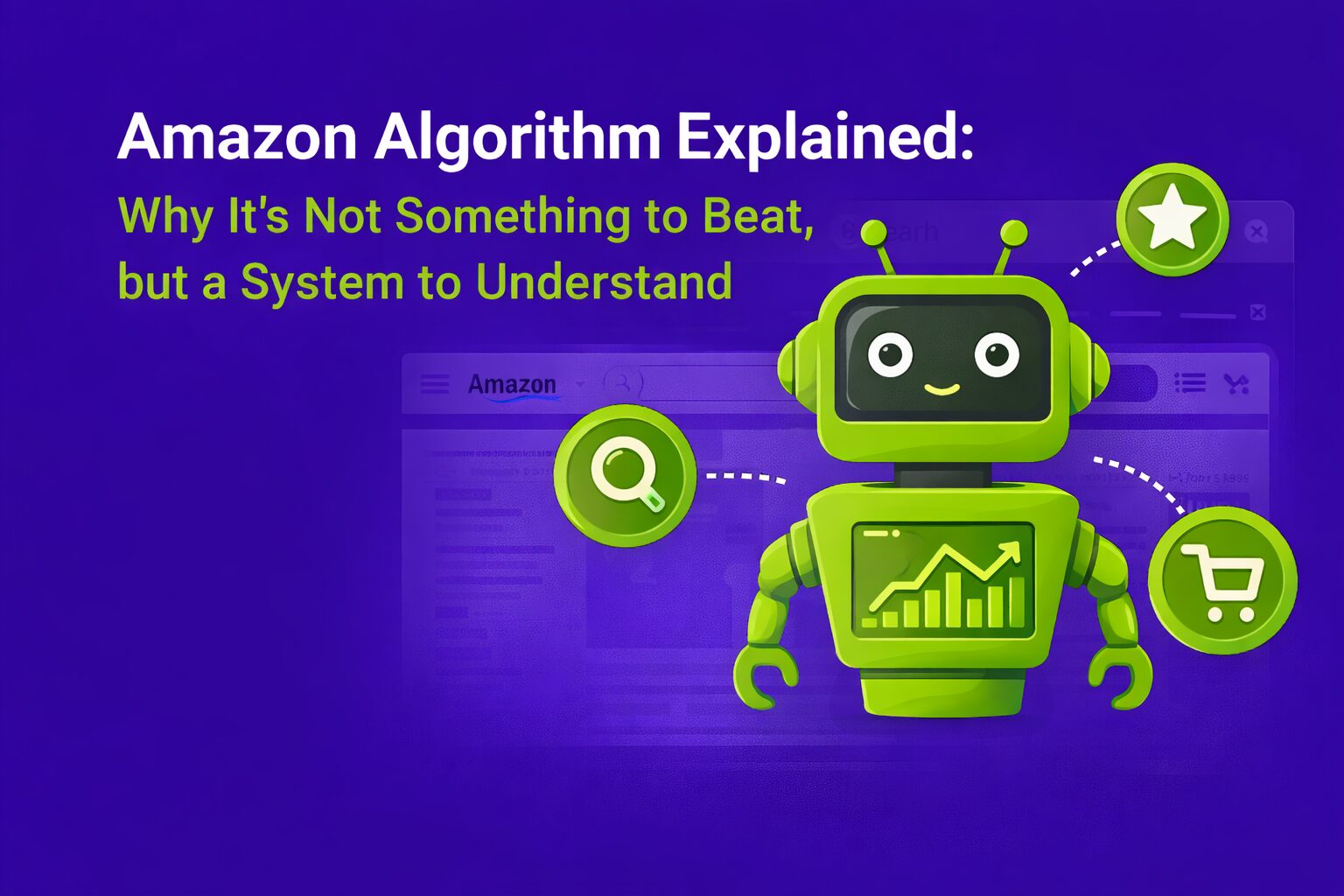 Purple blog hero graphic with the headline “Amazon Algorithm Explained” and green subtitle; a green robot icon linked to search, star rating and shopping cart symbols, representing understanding the Amazon algorithm as a system.