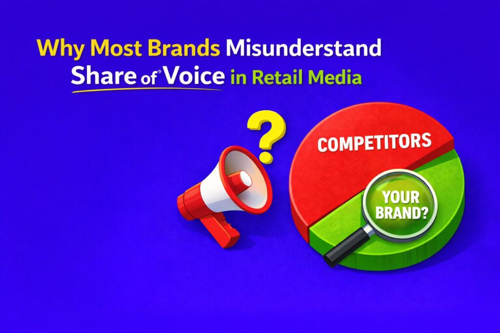 Illustration for a retail media article showing the title “Why Most Brands Misunderstand Share of Voice in Retail Media” on a blue background, with a pie chart comparing competitors and brand visibility, a megaphone, and a magnifying glass.