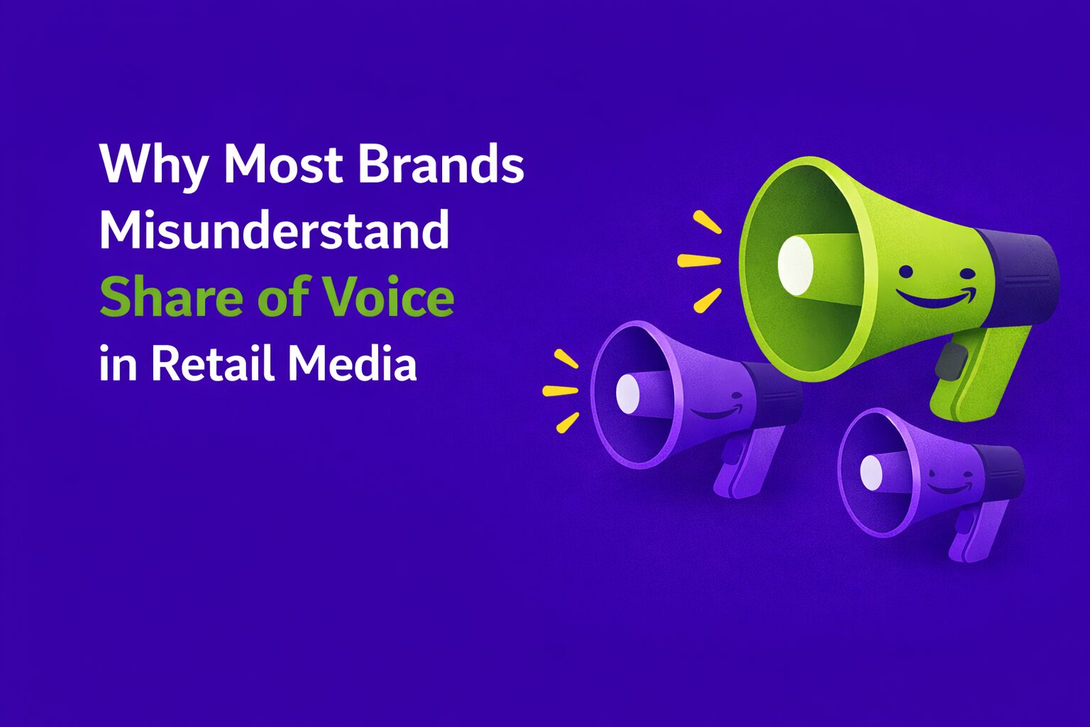 Illustration about share of voice in retail media showing three megaphones, one highlighted in green to represent dominant brand visibility.